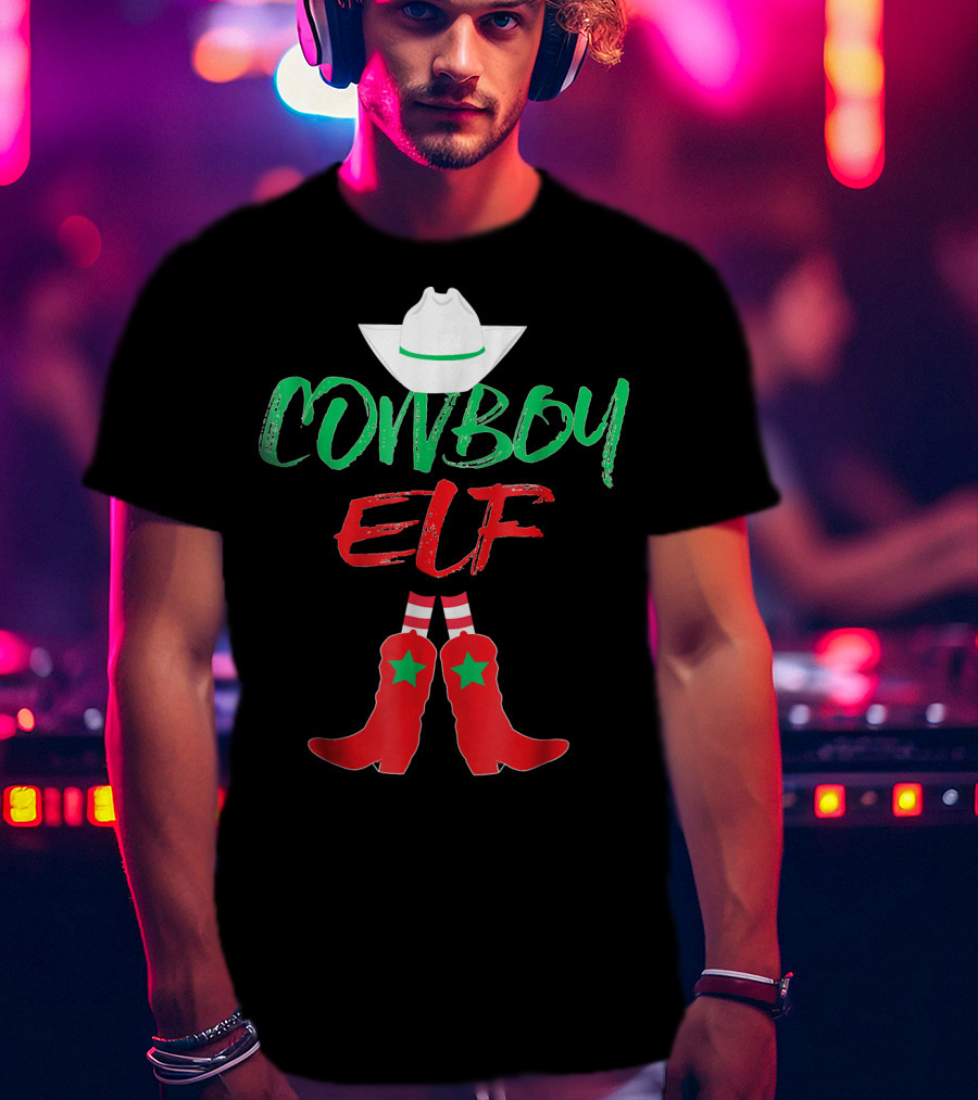 Cowboy Elf Christmas Hat Boots Men's Funny Holiday T-Shirt