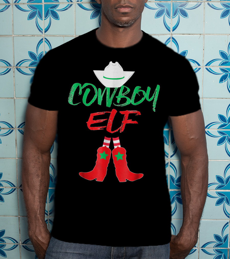 Cowboy Elf Christmas Hat Boots Men's Funny Holiday T-Shirt