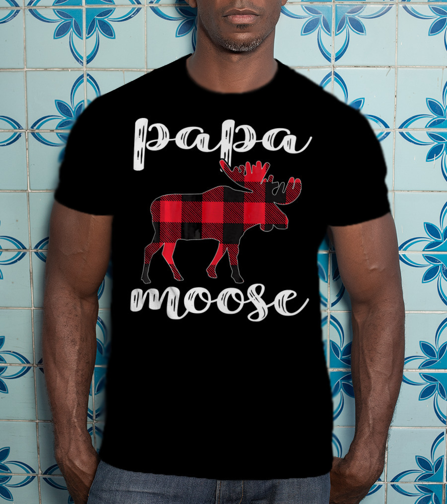 Papa Moose Matching Family Christmas Clo Buffalo Plaid Moose T-Shirt
