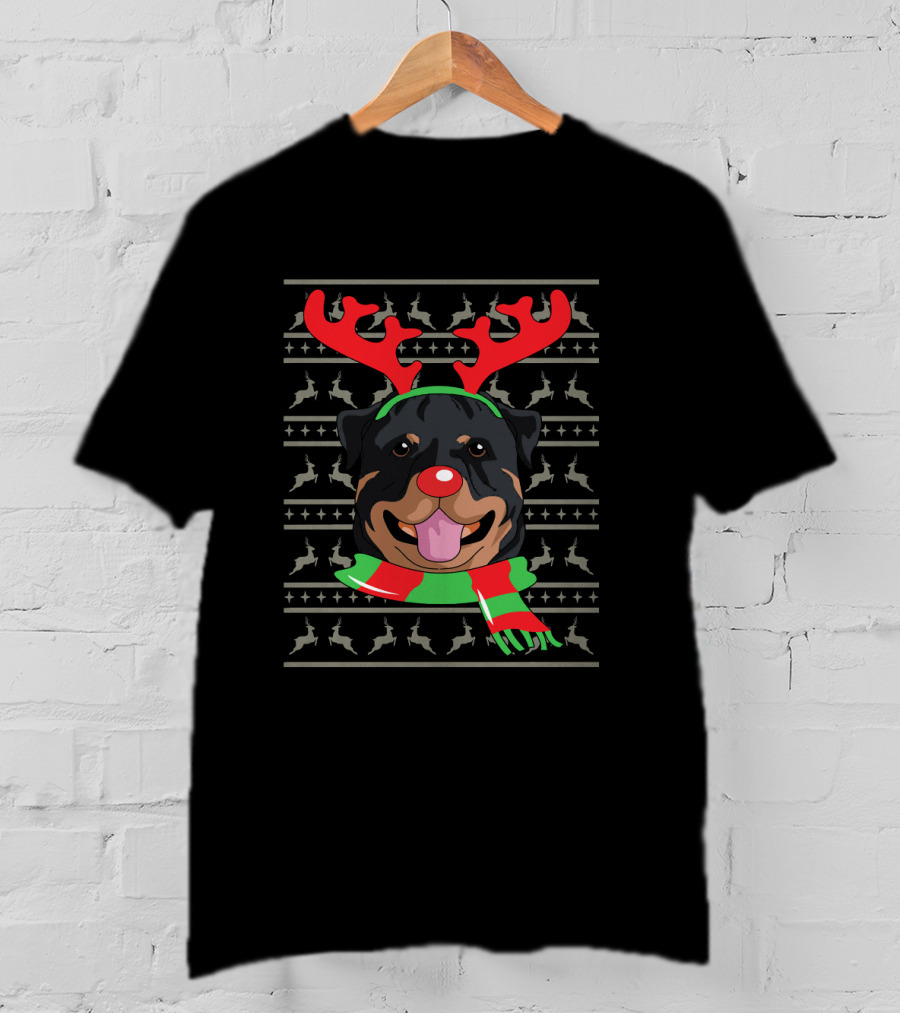Rottweiler With Reindeer Antlers And Festive Scarf Christmas T-Shirt