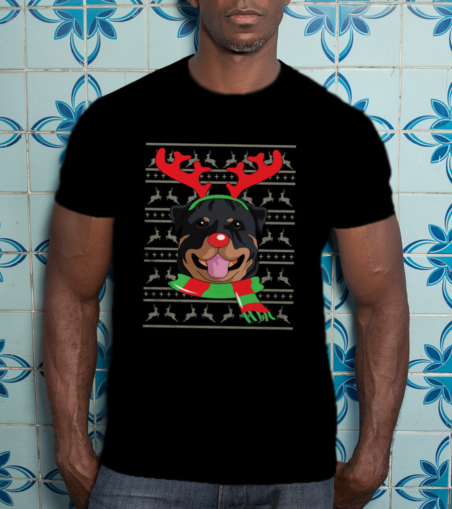 Rottweiler With Reindeer Antlers And Festive Scarf Christmas T-Shirt