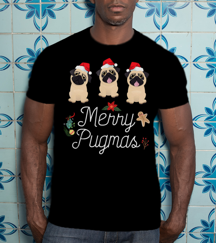 Merry Pugmas Christmas Pugs With Santa Hats And Holiday Decorations T-Shirt