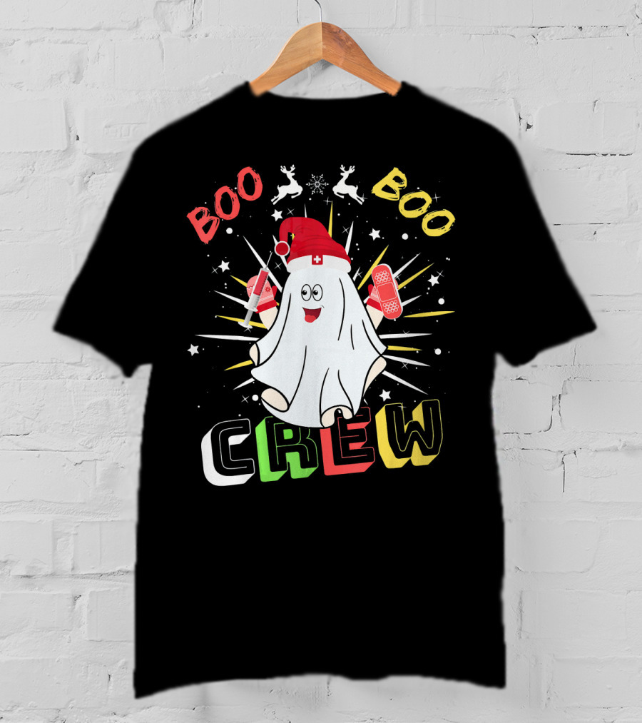 Boo Boo Crew Christmas Nurse Ghost With Bandages And Reindeer T-Shirt