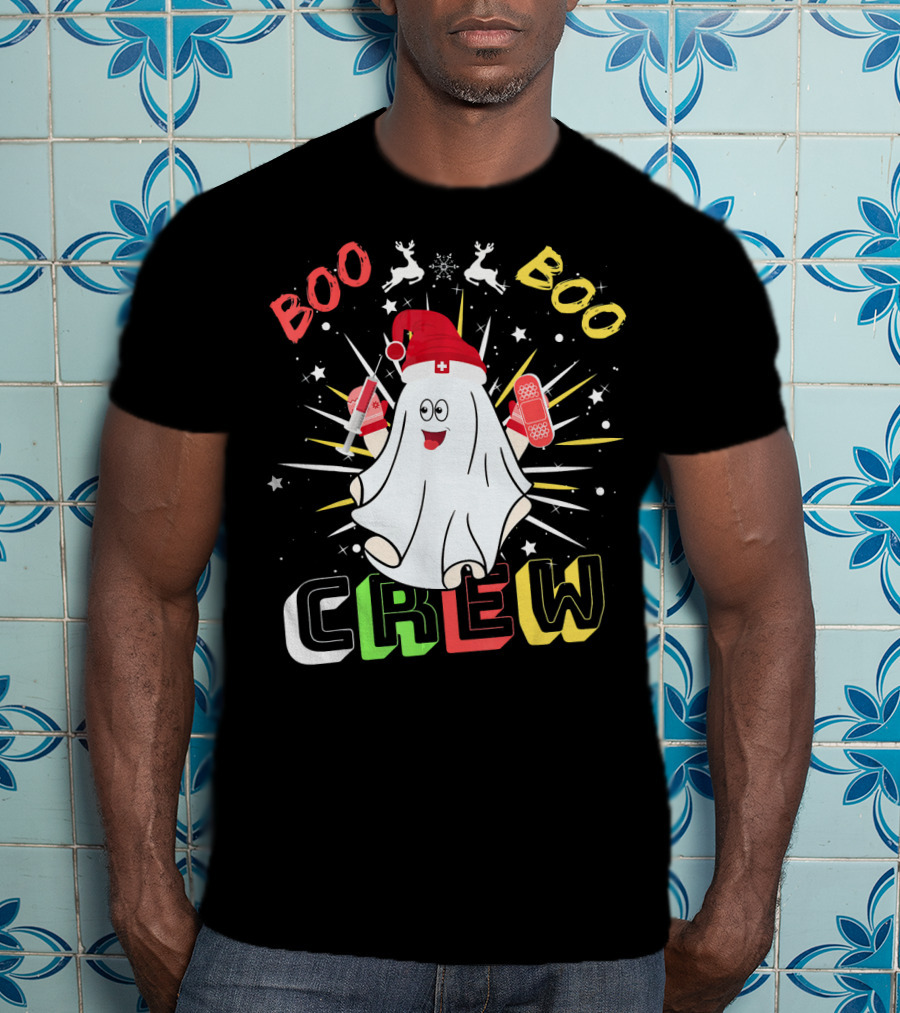 Boo Boo Crew Christmas Nurse Ghost With Bandages And Reindeer T-Shirt