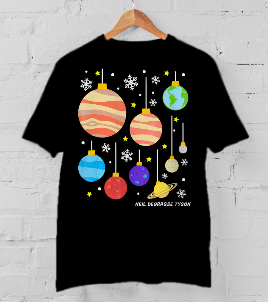 Neil DeGrasse Tyson Planets Hanging Ornaments Snowflakes Stars T-Shirt