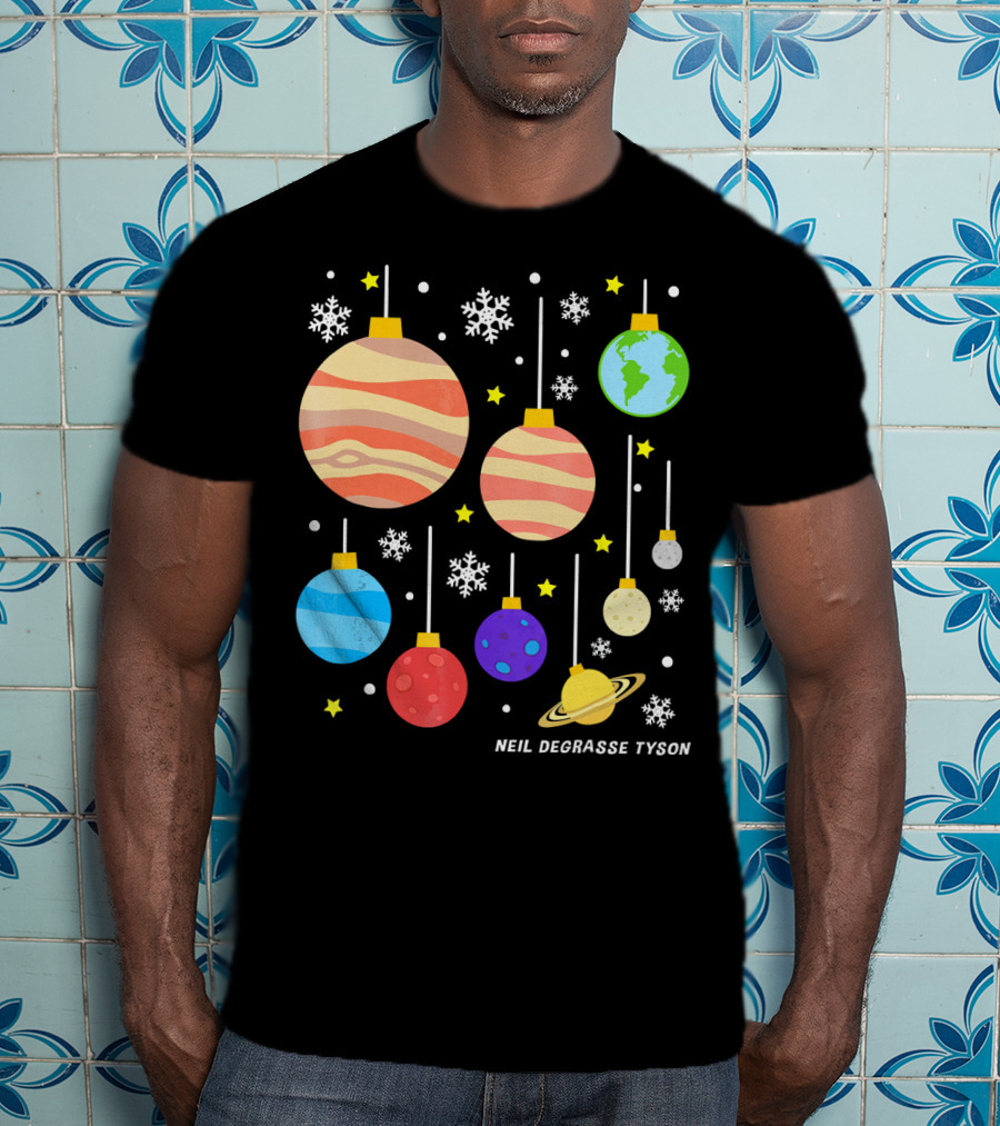 Neil DeGrasse Tyson Planets Hanging Ornaments Snowflakes Stars T-Shirt