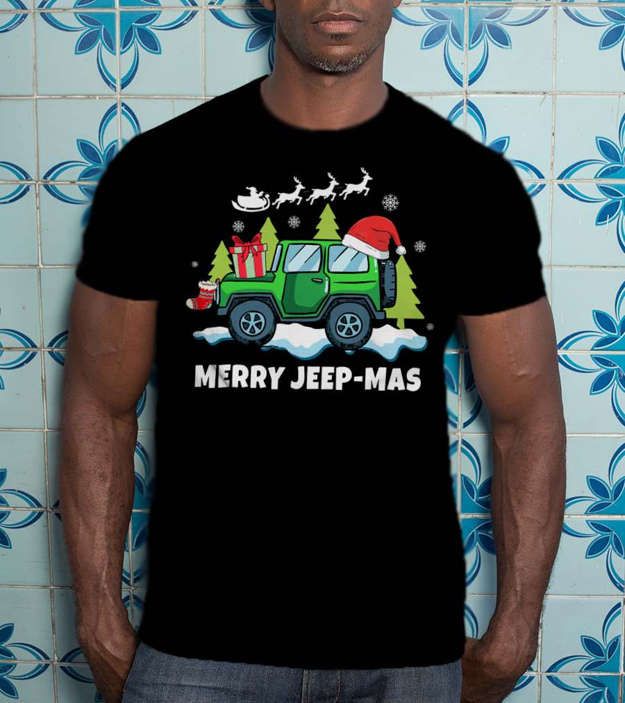 Merry Jeep-Mas Christmas SUV With Santa Hat And Reindeer T-Shirt