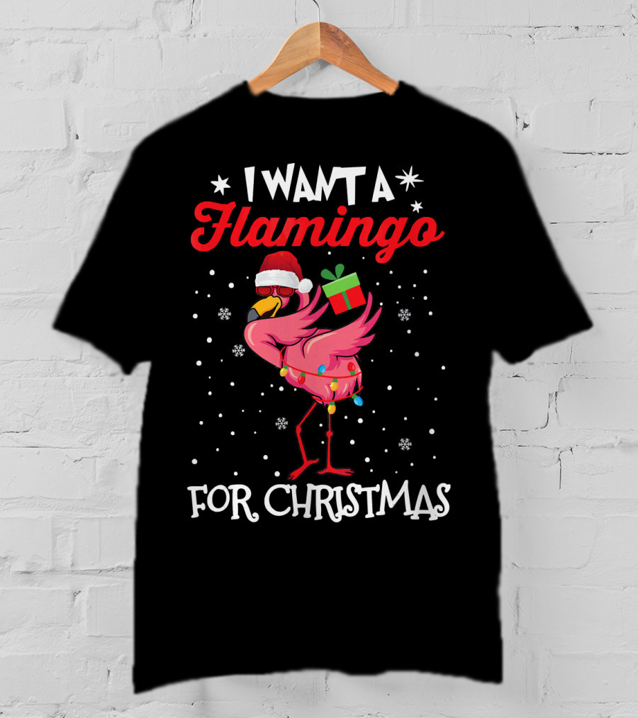 I Want A Flamingo For Christmas Santa Hat Lights Snowflakes Gift Box T-Shirt