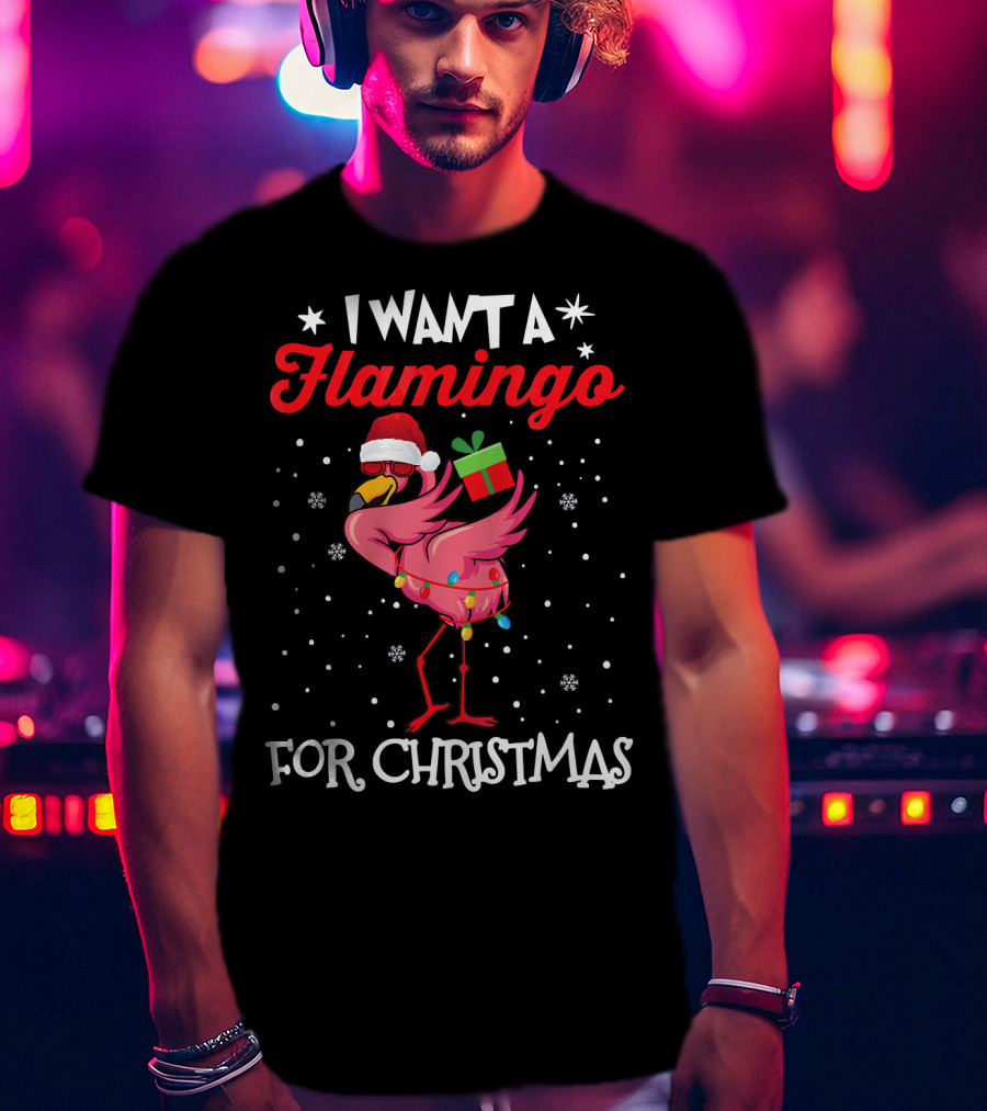 I Want A Flamingo For Christmas Santa Hat Lights Snowflakes Gift Box T-Shirt