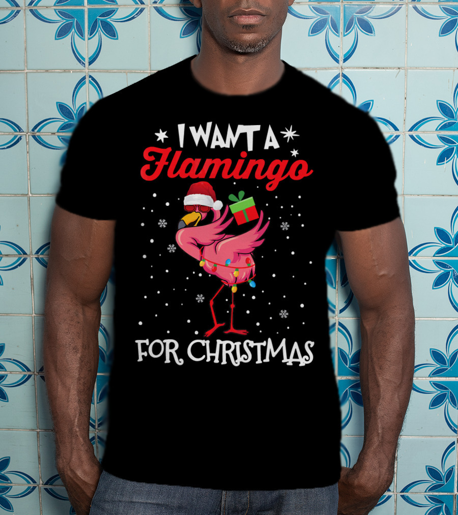 I Want A Flamingo For Christmas Santa Hat Lights Snowflakes Gift Box T-Shirt