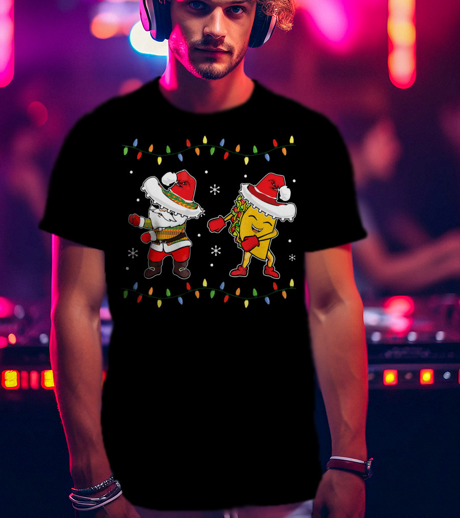 Santa And Taco Flossing In Sombrero Christmas T-Shirt