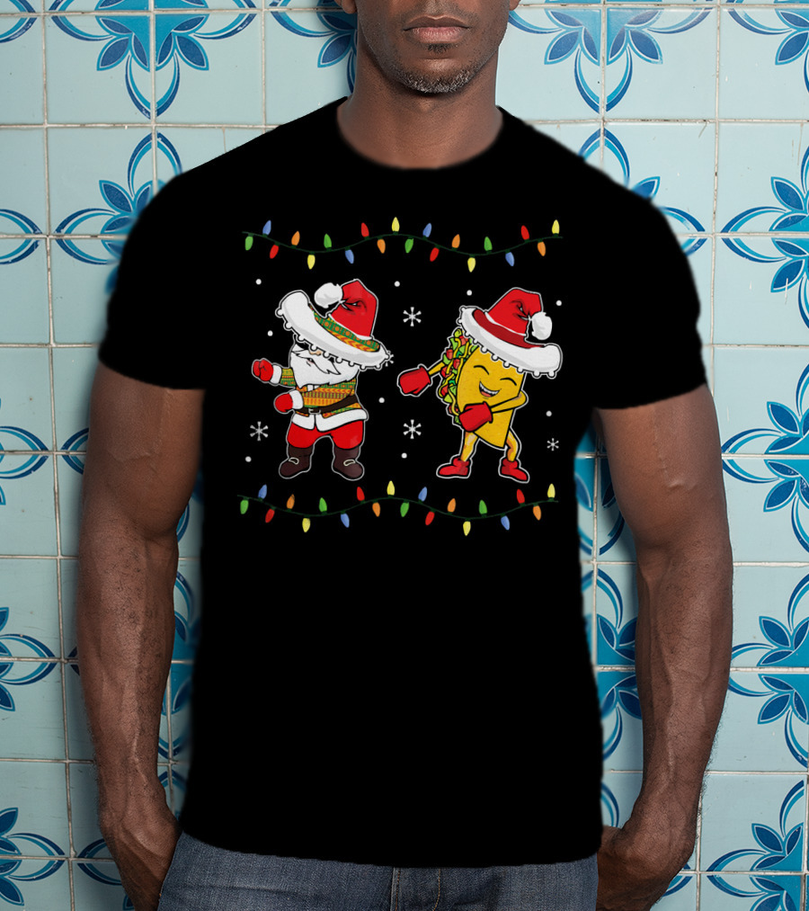 Santa And Taco Flossing In Sombrero Christmas T-Shirt