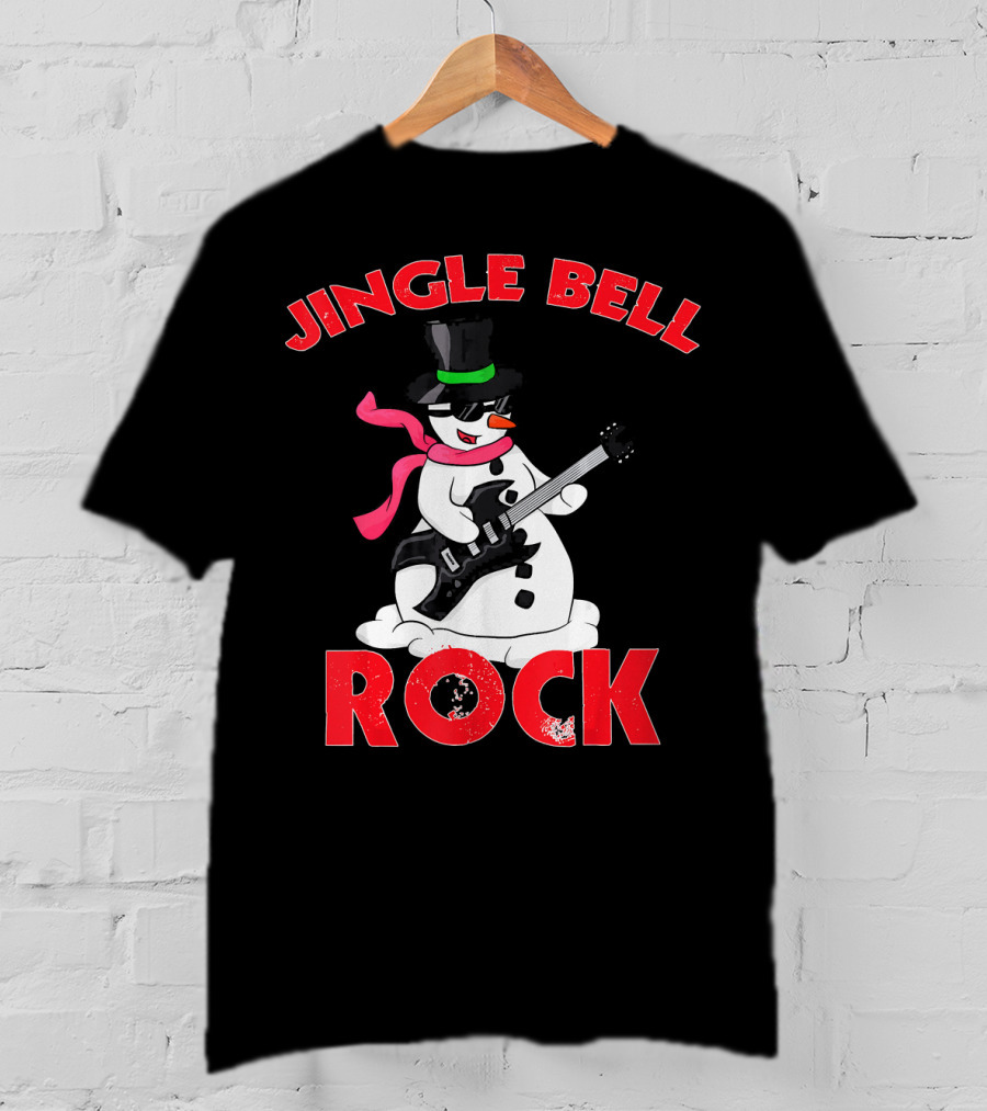 Jingle Bell Rock Snowman Playing Guitar With Top Hat And Scarf T-Shirt