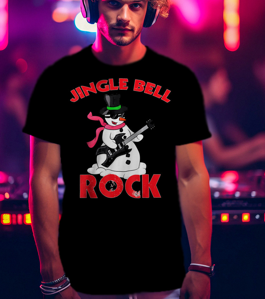 Jingle Bell Rock Snowman Playing Guitar With Top Hat And Scarf T-Shirt