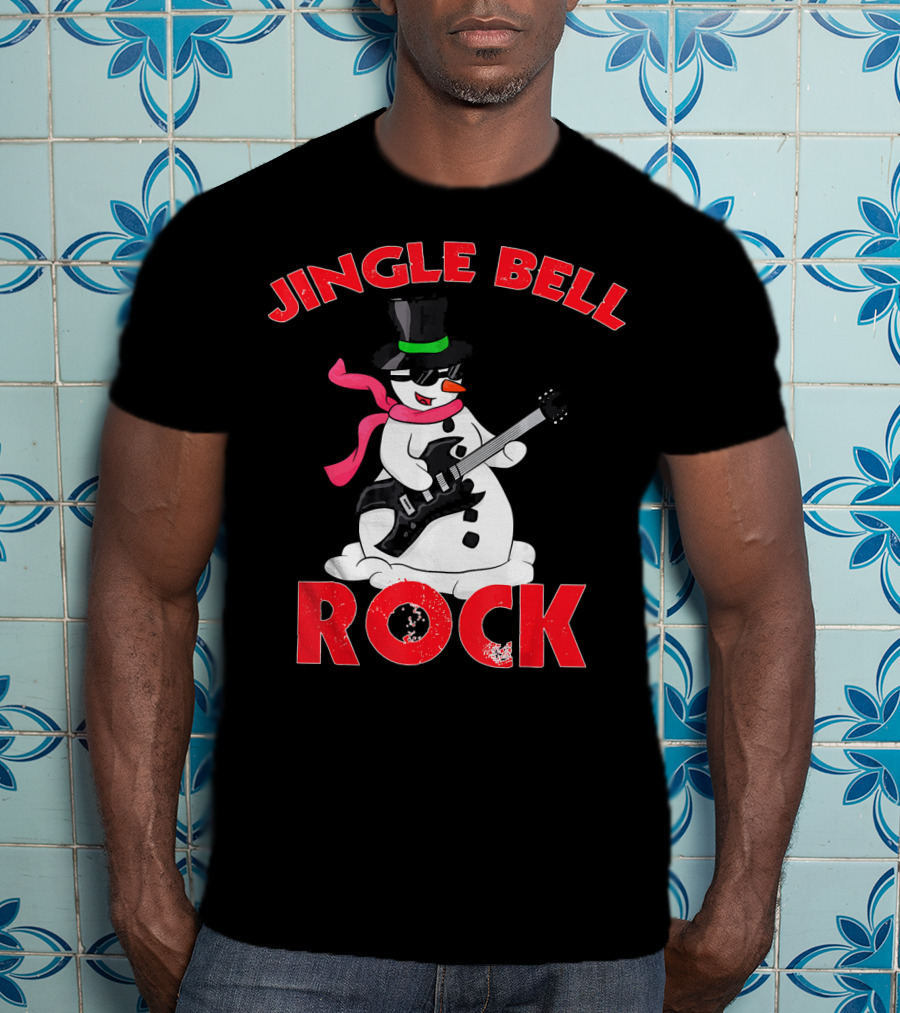 Jingle Bell Rock Snowman Playing Guitar With Top Hat And Scarf T-Shirt