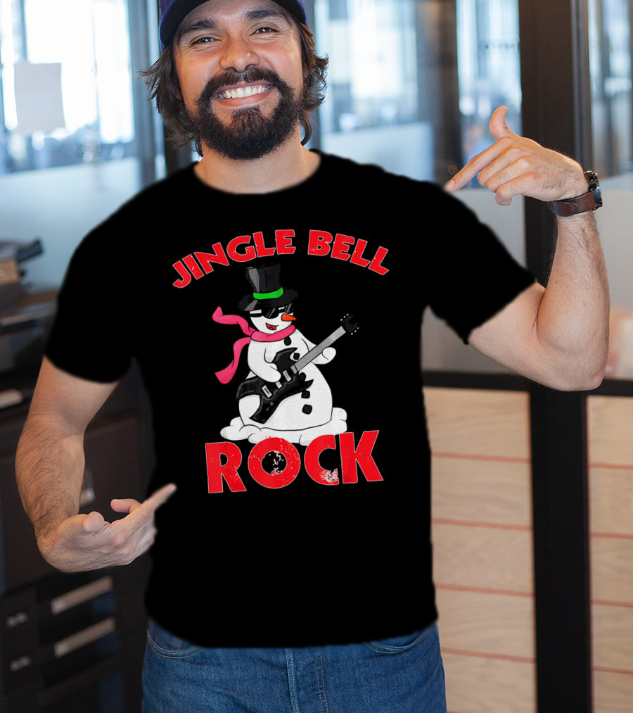 Jingle Bell Rock Snowman Playing Guitar With Top Hat And Scarf T-Shirt