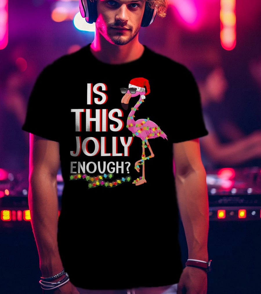 Is This Jolly Enough Flamingo Christmas Lights Santa Hat Sunglasses T-Shirt
