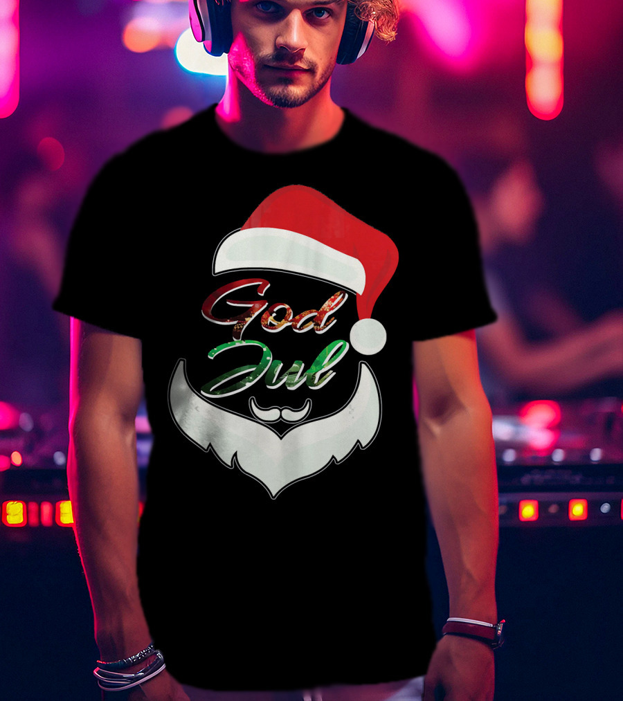 God Jul Norwegian Merry Christmas Santa Hat And Beard Design Norway T-Shirt