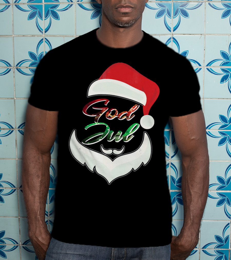 God Jul Norwegian Merry Christmas Santa Hat And Beard Design Norway T-Shirt
