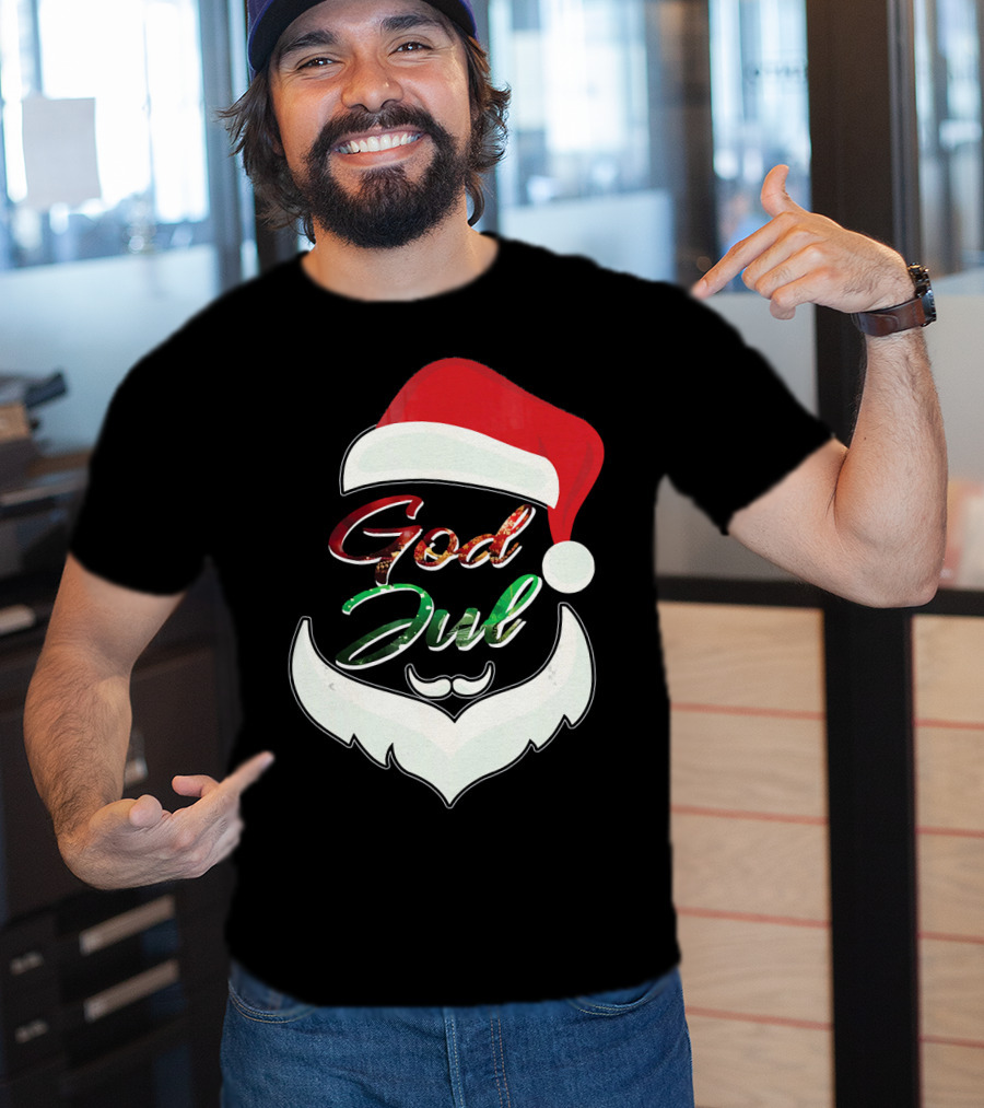 God Jul Norwegian Merry Christmas Santa Hat And Beard Design Norway T-Shirt