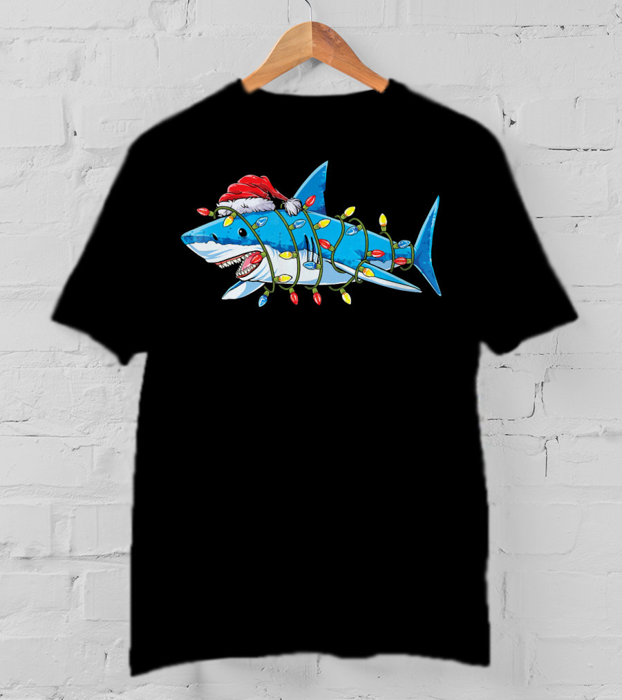 Christmas Shark With Santa Hat And Holiday Lights T-Shirt