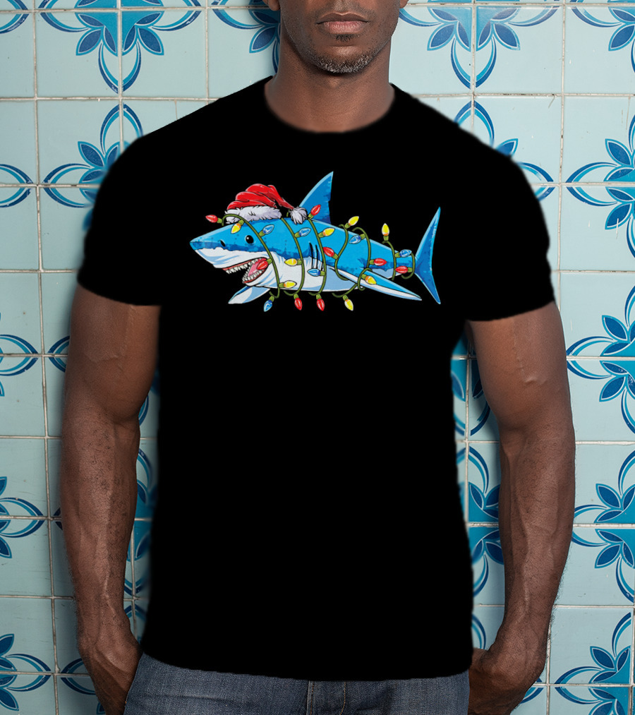 Christmas Shark With Santa Hat And Holiday Lights T-Shirt