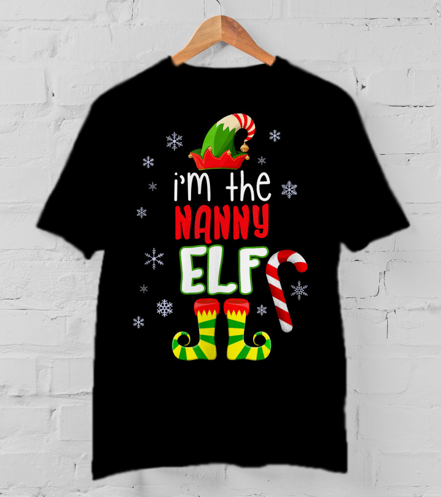 I'm The Nanny Elf Christmas Snowflakes Candy Cane Hat Boots T-Shirt
