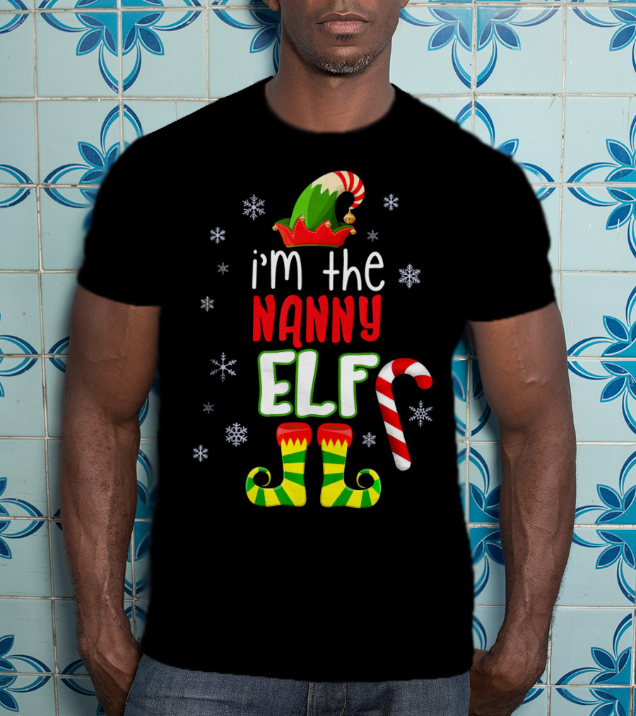 I'm The Nanny Elf Christmas Snowflakes Candy Cane Hat Boots T-Shirt