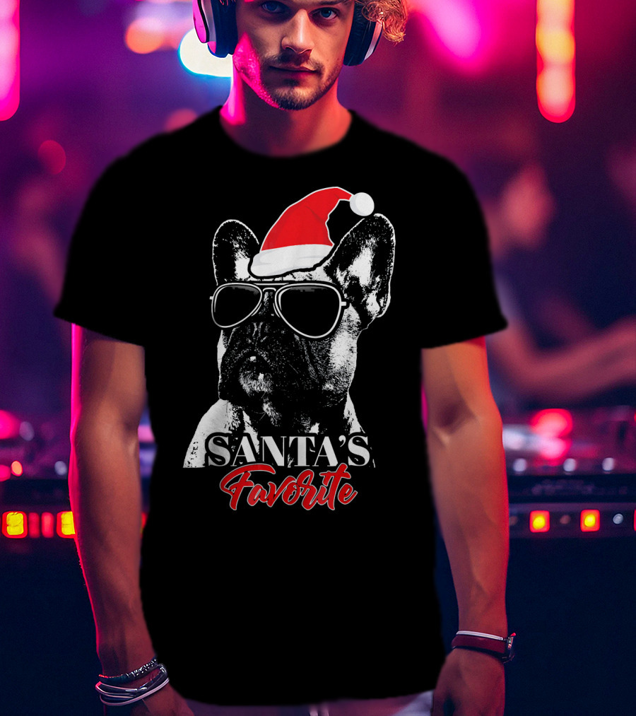 Santa's Favorite French Bulldog Wearing Sunglasses And Hat T-Shirt