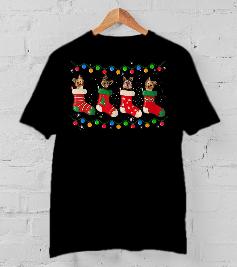 Christmas Yorkie Dogs In Festive Stockings With Holiday Lights T-Shirt