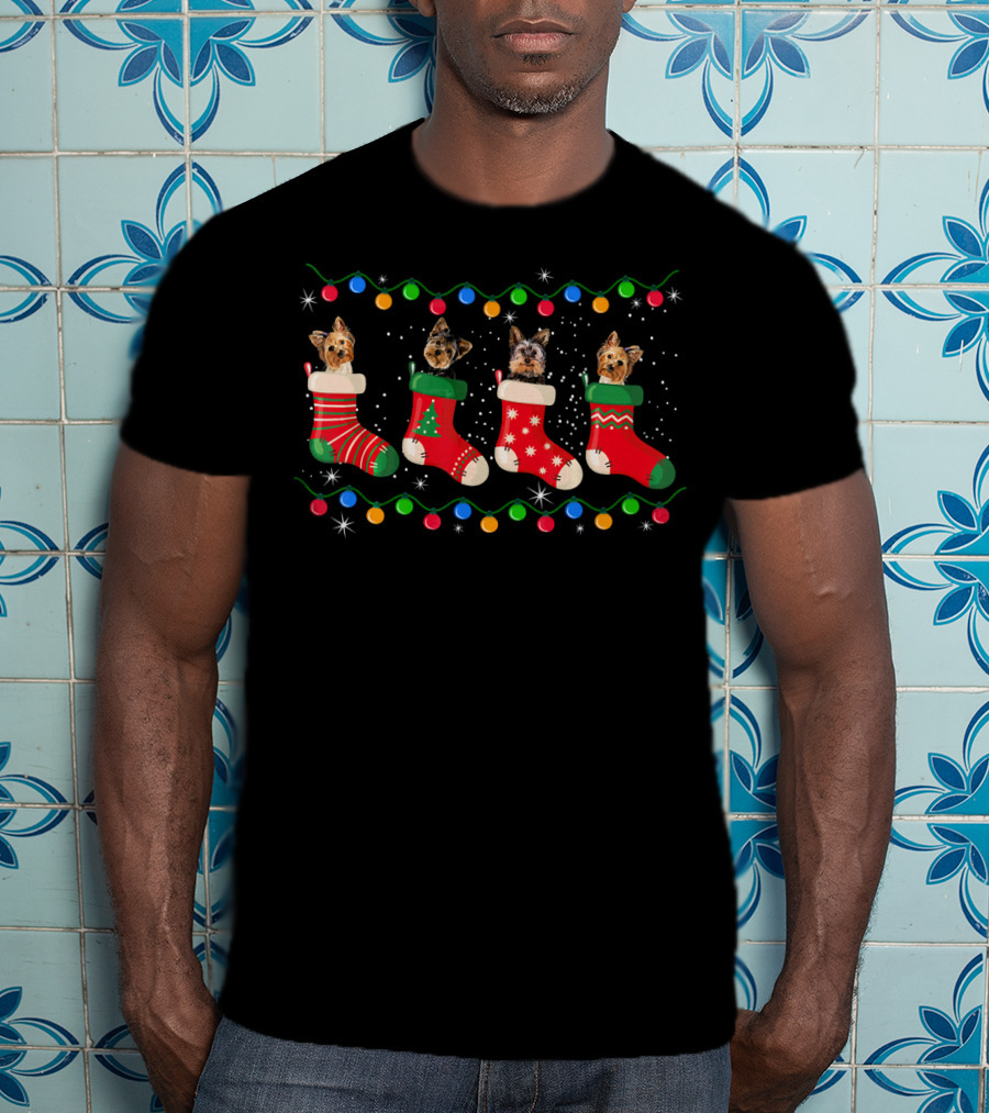 Christmas Yorkie Dogs In Festive Stockings With Holiday Lights T-Shirt