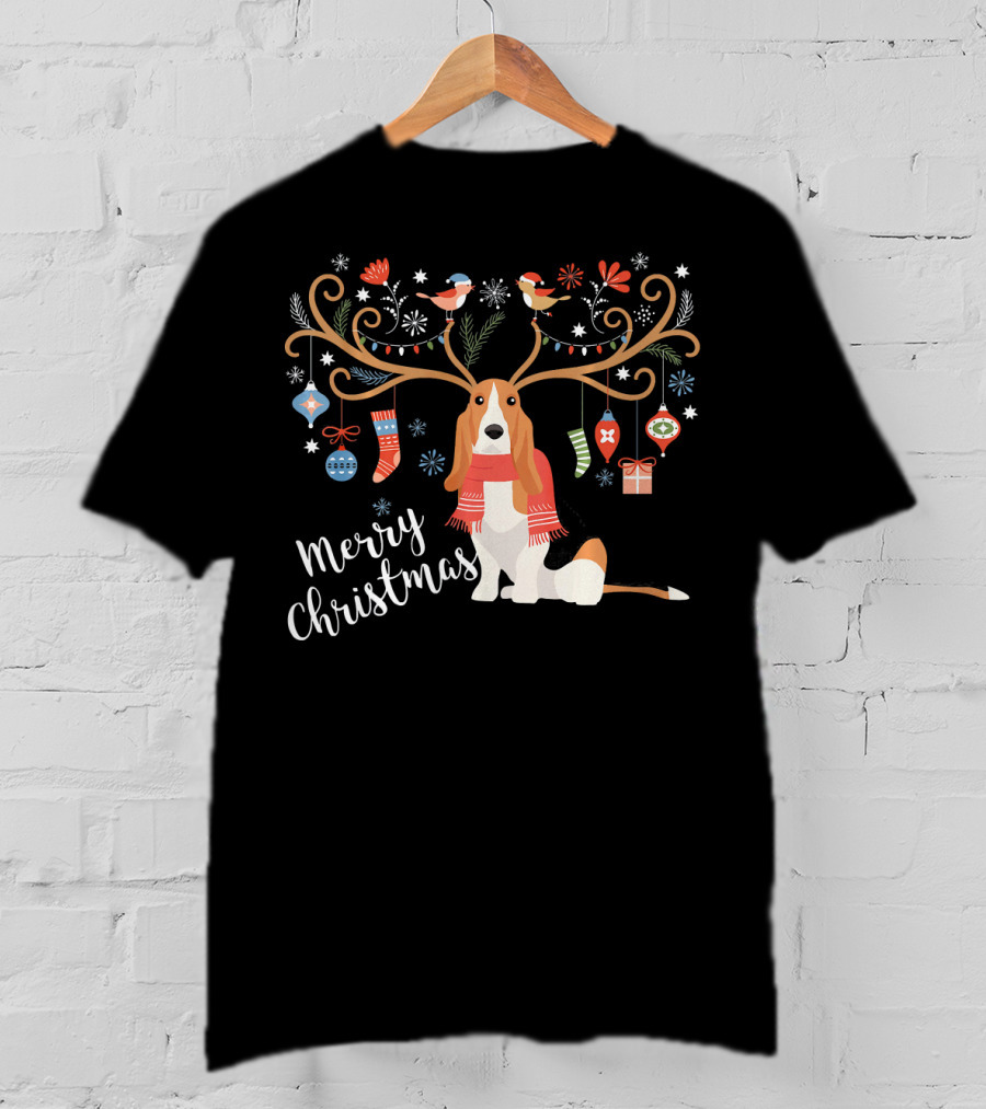 Merry Christmas Basset Hound Reindeer Antlers Ornaments T-Shirt