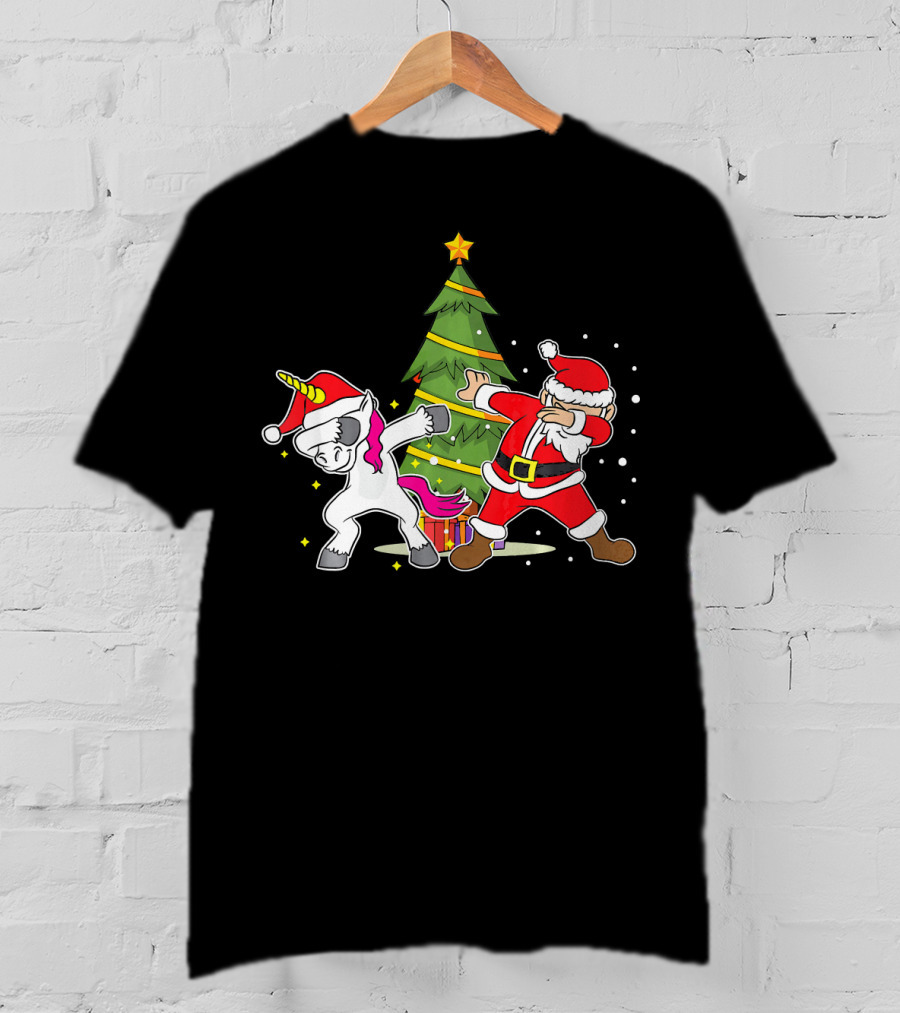 Dabbing Unicorn Xmas Christmas Santa Dance By Tree T-Shirt