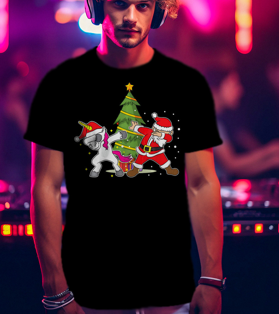 Dabbing Unicorn Xmas Christmas Santa Dance By Tree T-Shirt