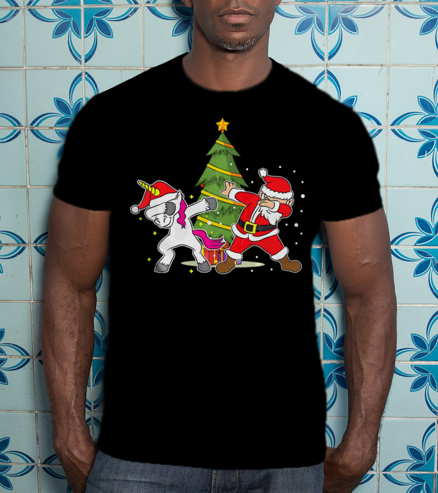 Dabbing Unicorn Xmas Christmas Santa Dance By Tree T-Shirt