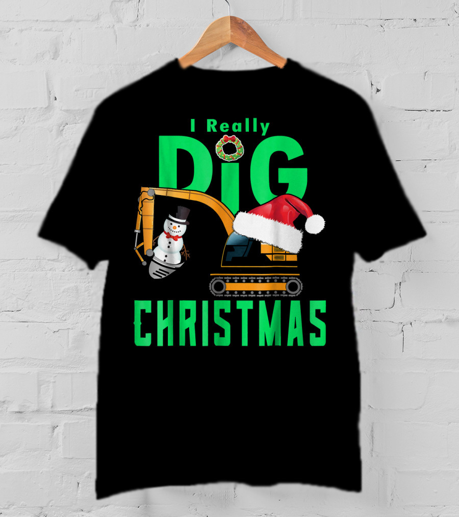 I Really Dig Christmas Snowman Santa Hat Excavator T-Shirt
