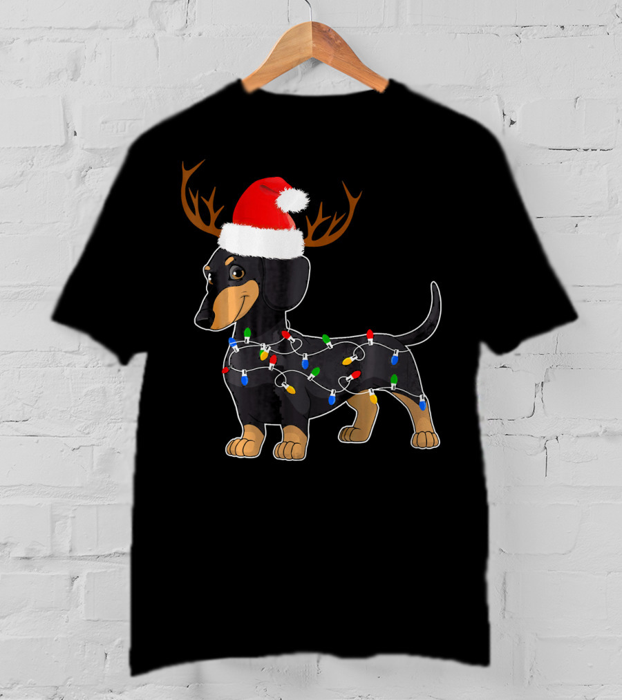 Dachshund Christmas Reindeer With Santa Hat And Holiday Lights T-Shirt