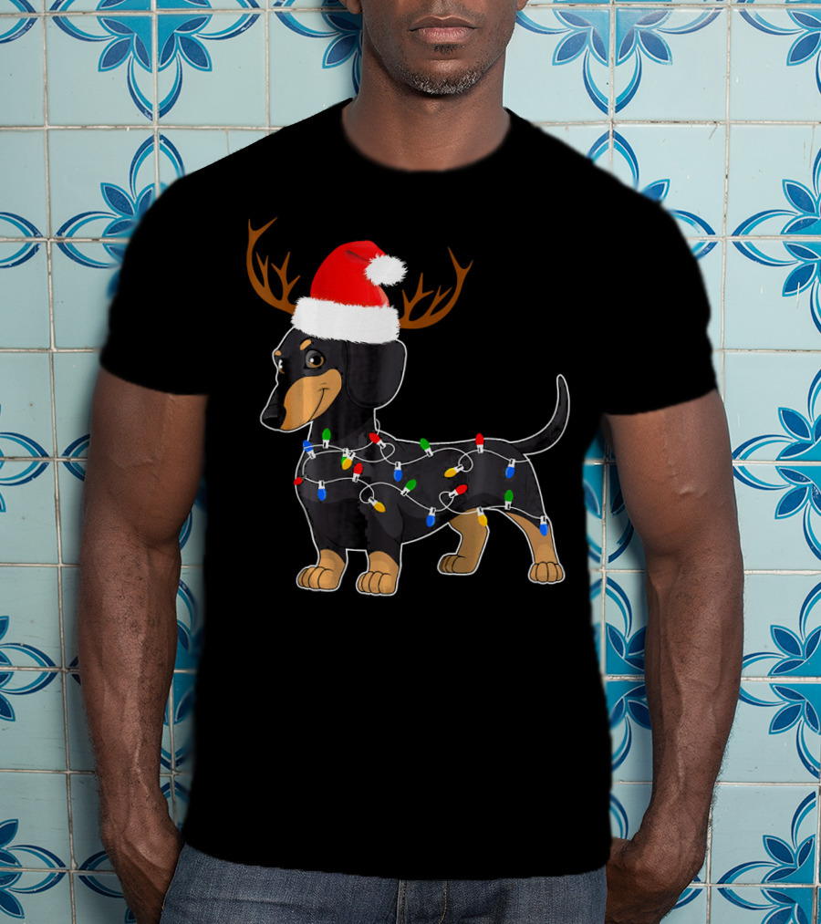 Dachshund Christmas Reindeer With Santa Hat And Holiday Lights T-Shirt
