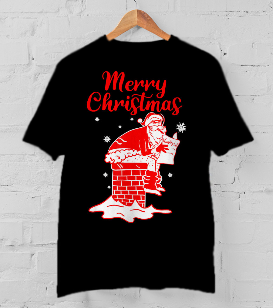 Merry Christmas Santa Pooping Naughty List Snowflakes Chimney T-Shirt