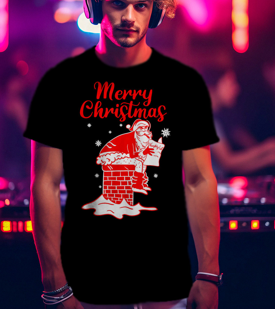 Merry Christmas Santa Pooping Naughty List Snowflakes Chimney T-Shirt