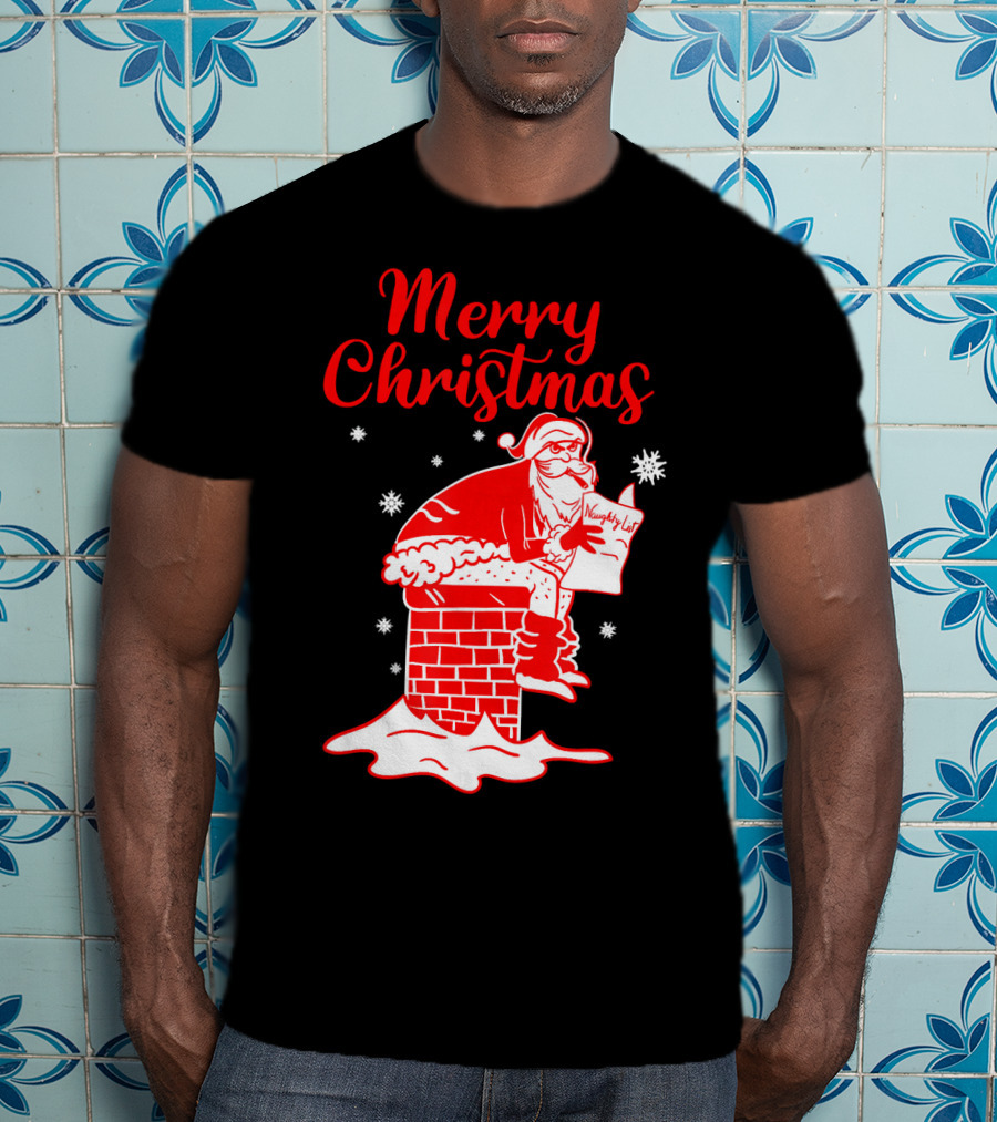 Merry Christmas Santa Pooping Naughty List Snowflakes Chimney T-Shirt