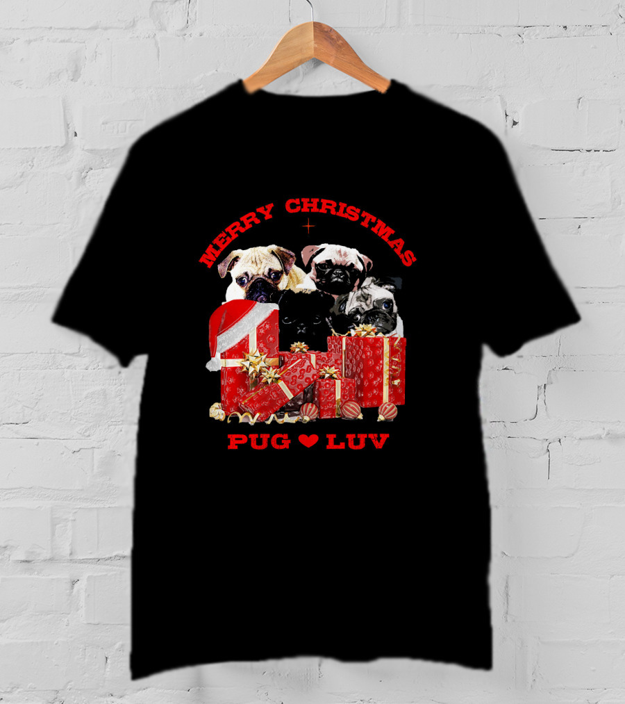 Merry Christmas Pug Luv With Pug Dogs And Gifts T-Shirt