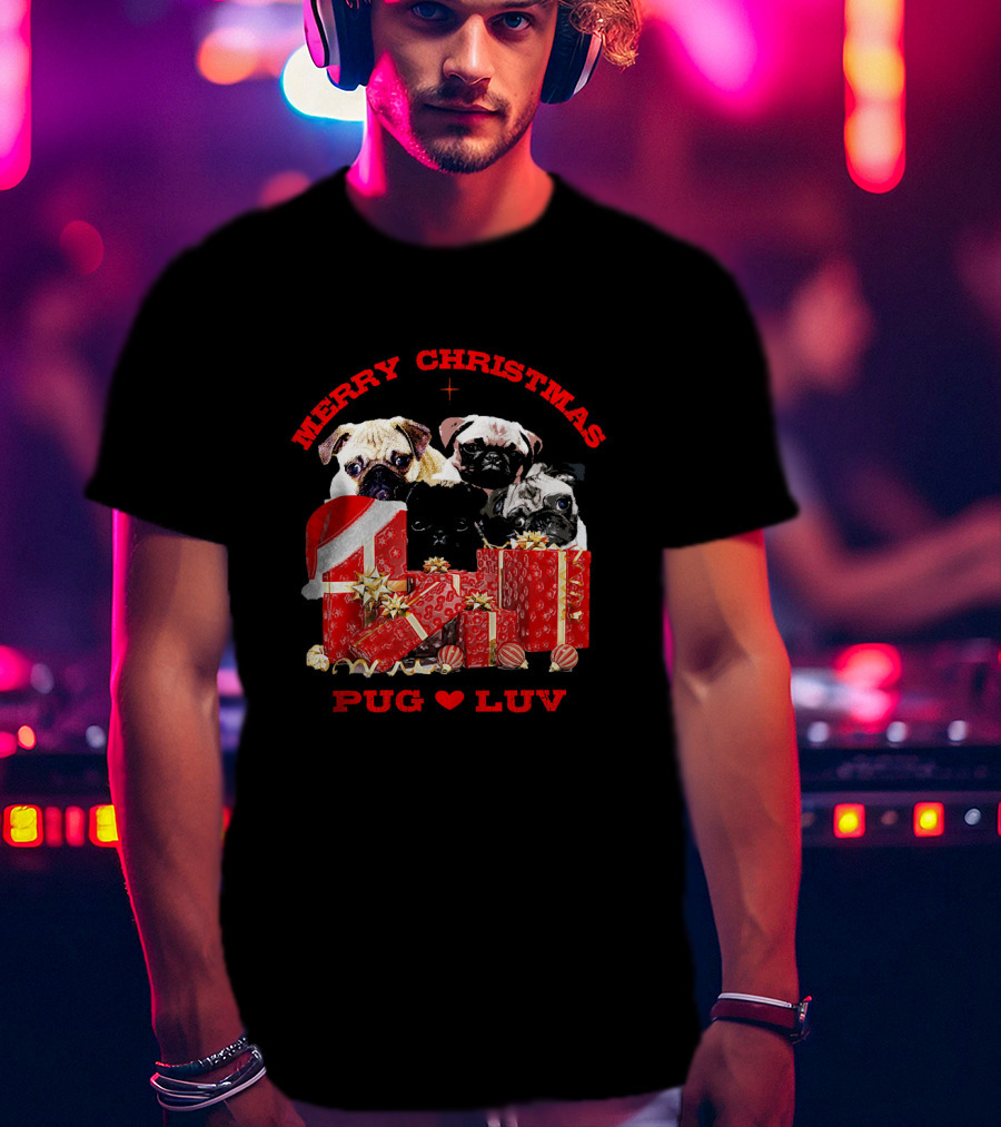 Merry Christmas Pug Luv With Pug Dogs And Gifts T-Shirt