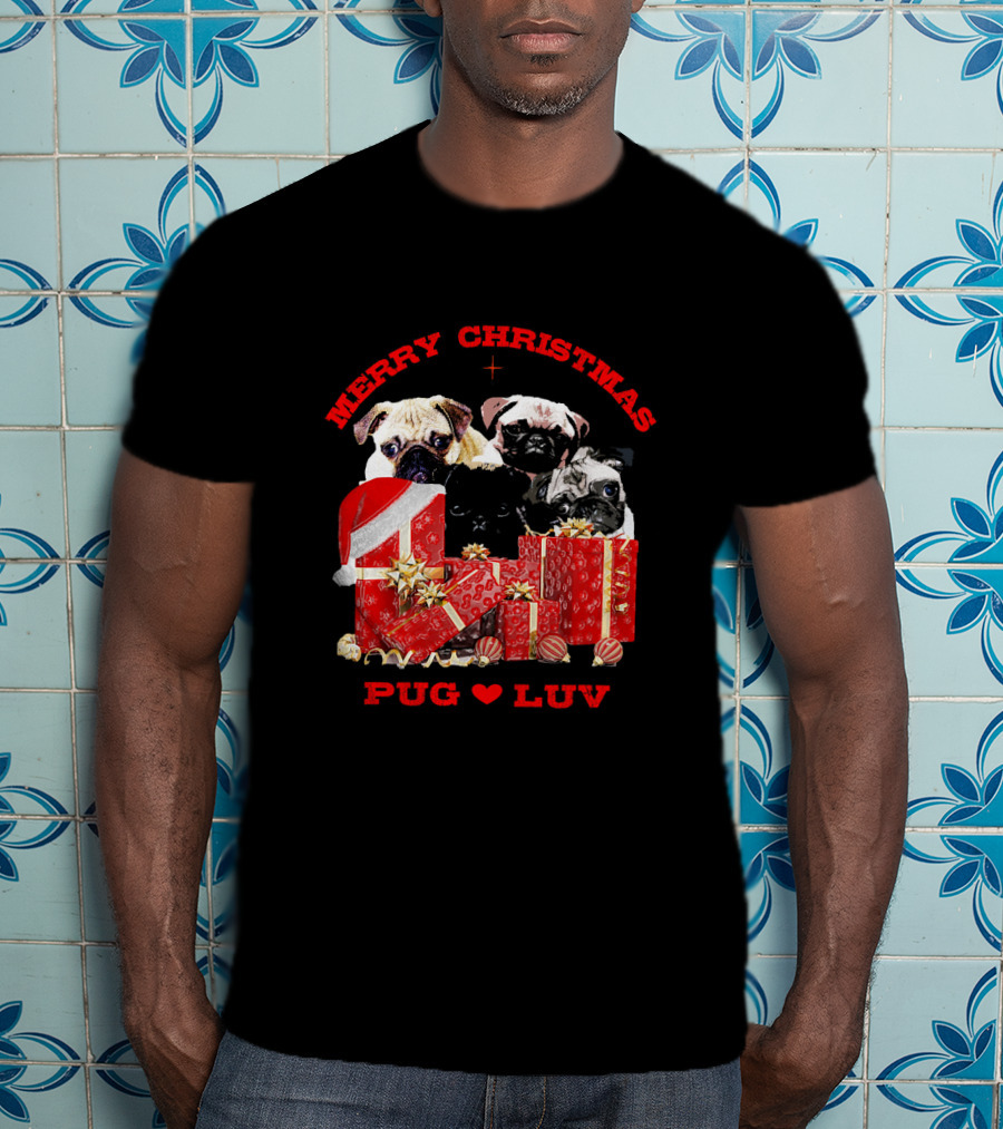 Merry Christmas Pug Luv With Pug Dogs And Gifts T-Shirt