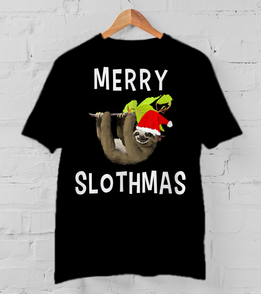 Merry Slothmas Hanging Sloth In Santa Hat With Leaves T-Shirt
