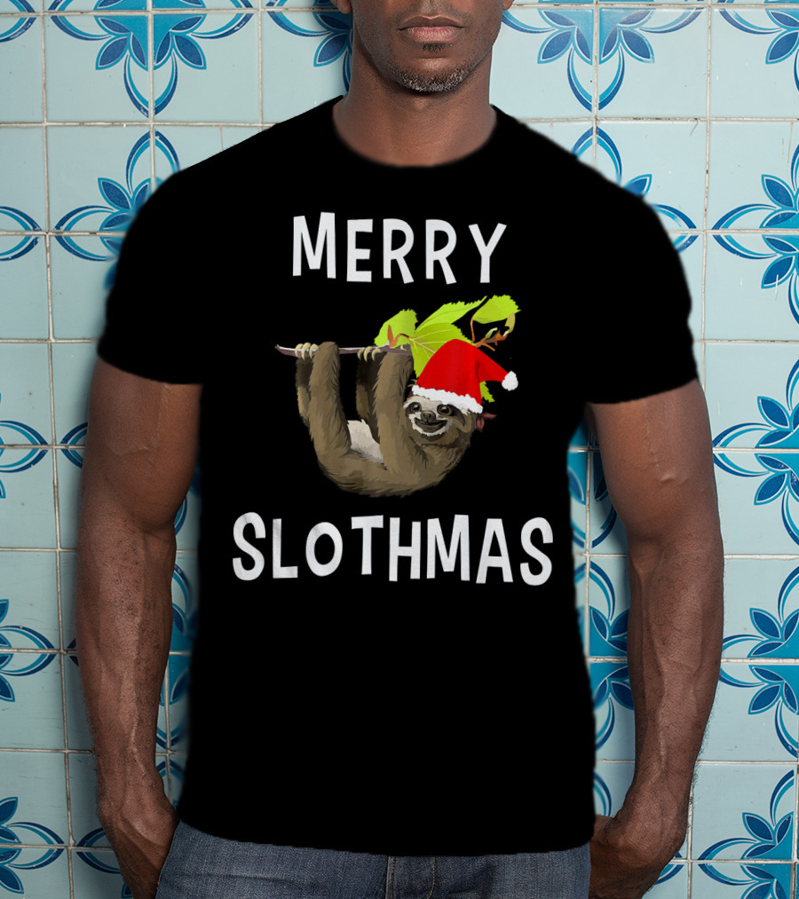 Merry Slothmas Hanging Sloth In Santa Hat With Leaves T-Shirt