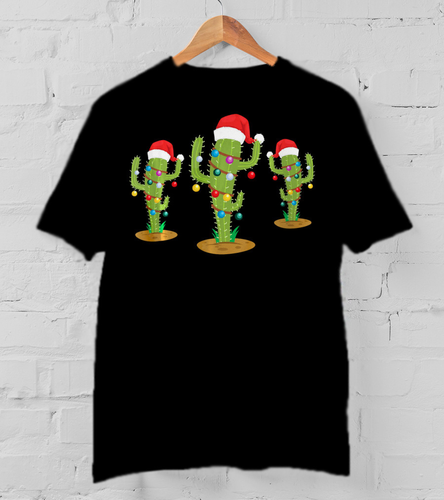 Festive Christmas Cacti With Santa Hats And Lights T-Shirt