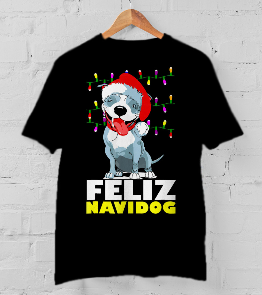 Feliz Navidog Pitbull In Santa Hat With Christmas Lights T-Shirt