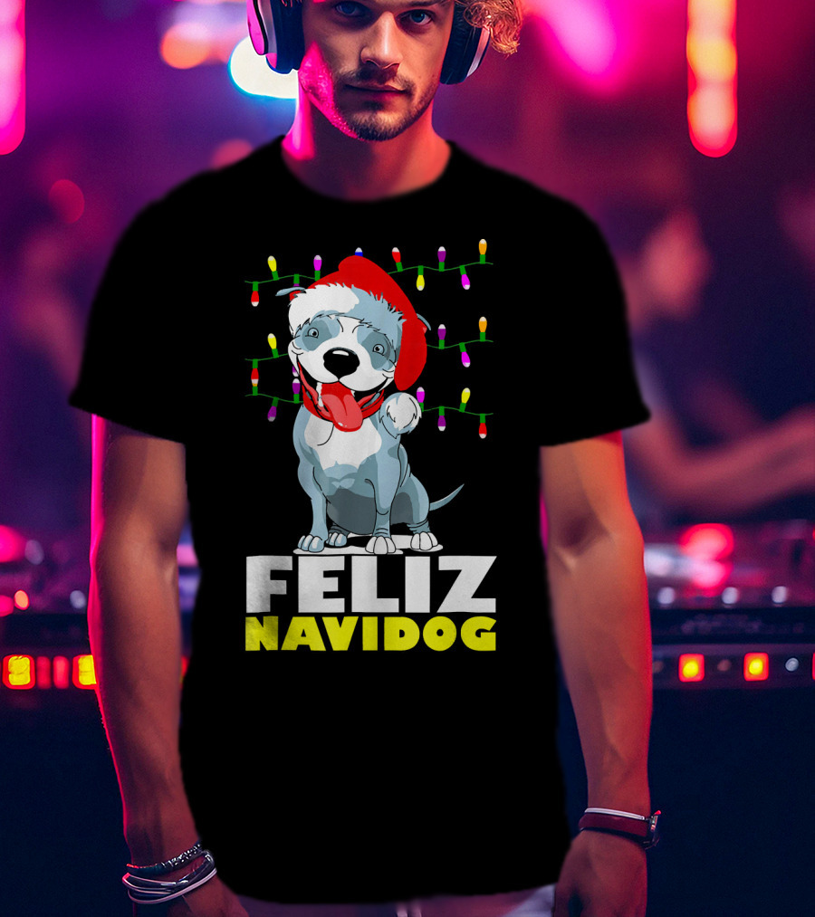 Feliz Navidog Pitbull In Santa Hat With Christmas Lights T-Shirt