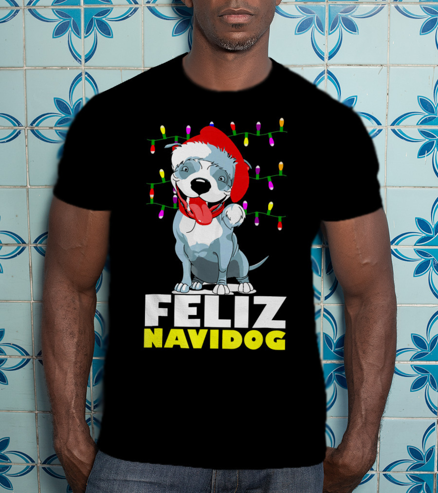 Feliz Navidog Pitbull In Santa Hat With Christmas Lights T-Shirt